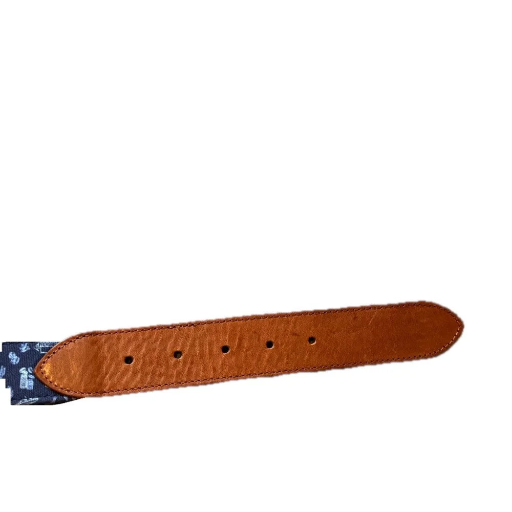 Peter Millar Mens 38 Belt Navy Canvas Western Print Leather Trim Made in Italy